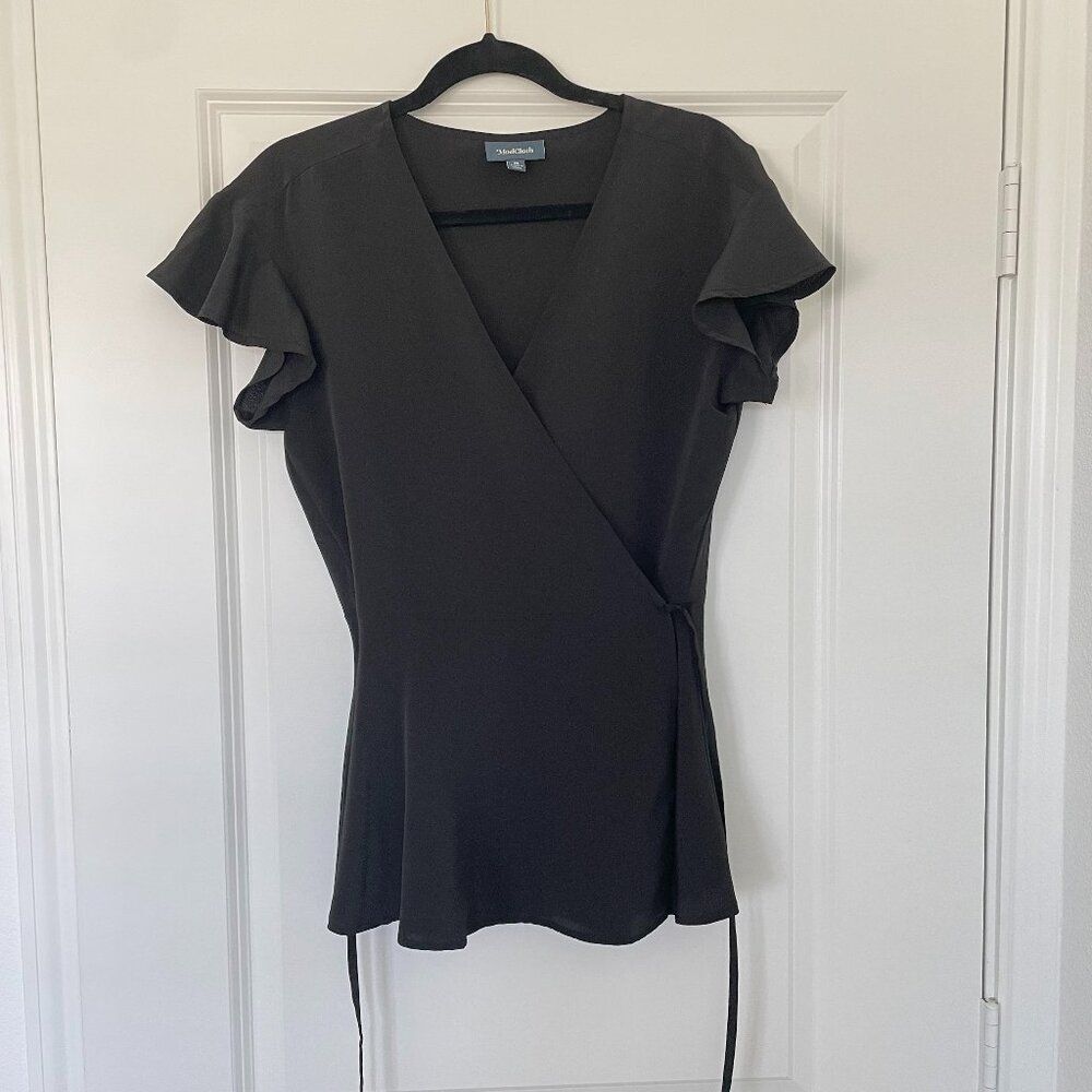 ModCloth Wrap Top Women M Black Floral Flutter Sleeve V Neck Tie Waist Blouse